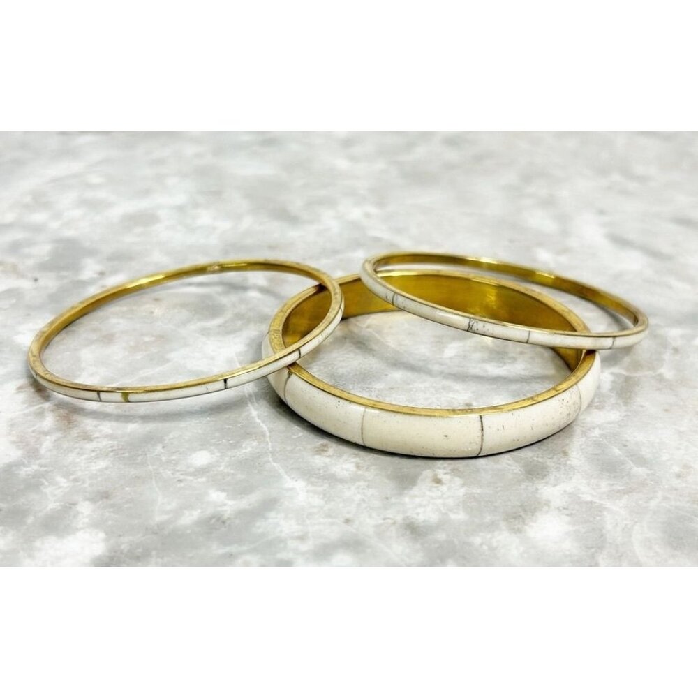Set of 3 Stone Inlaid Brass Tone Bangle Bracelets